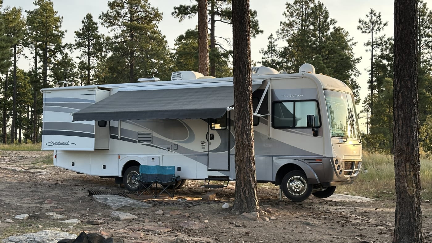 The Freedom Cruiser parked at a pine-forest campsite with its awning out
