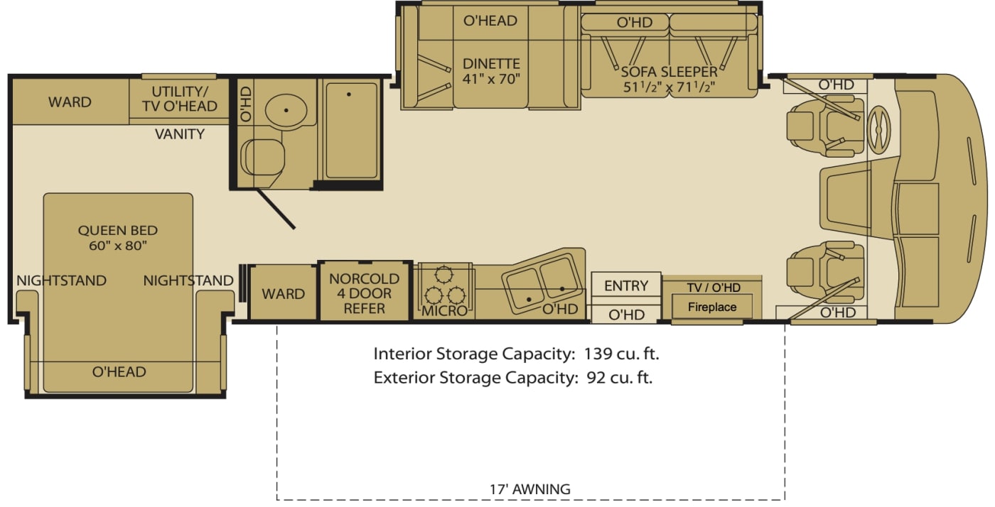 Floor plan: queen bed at the rear, bath, kitchen, dinette and sofa up front